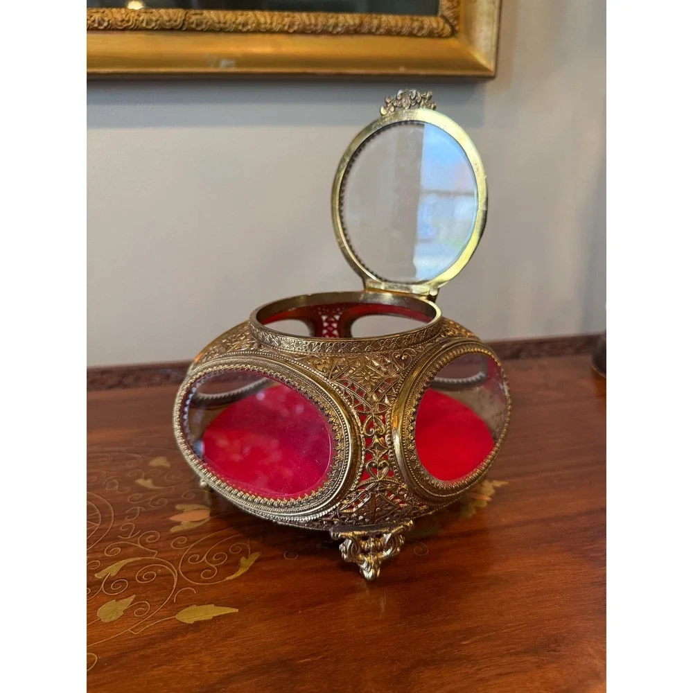 Vintage Ormolu Jewelry Casket Red Velvet Beveled Glass Box - Picture 4 of 17